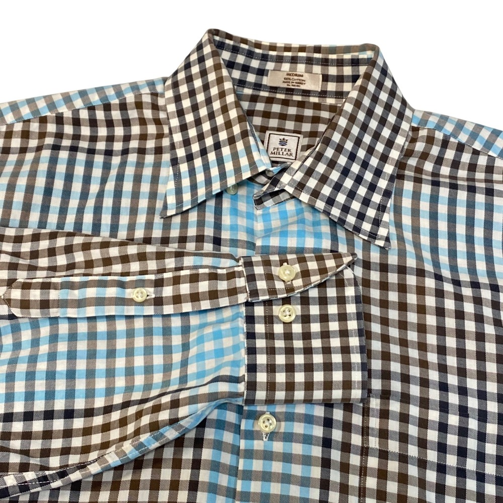 Peter Millar Mens Medium Gingham Check Button Down Shirt Brown Blue‎ Cotton